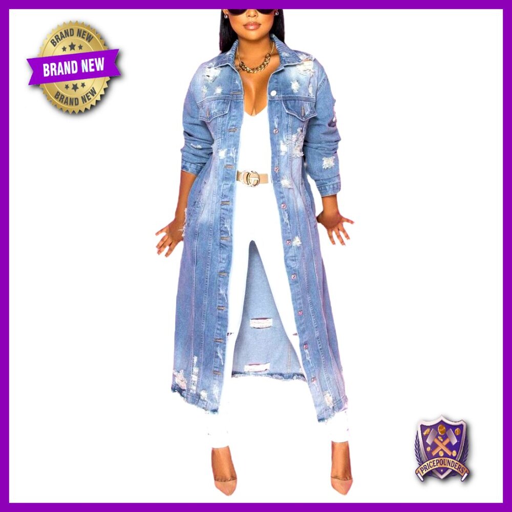 Maxi Long Denim Jacket Ripped Holes Vintage Y2k Oversized Streetwear Coat